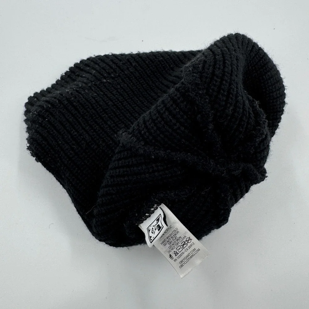 OBEY Knit Beanie Hat Black‎ Ribbed Cuff Logo Winter Warm